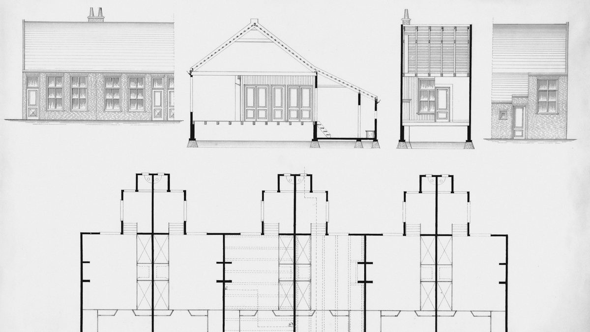 A drawing sheet showing building elevations, a cross-section and floor plans