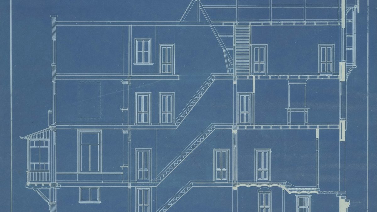 A hand-drawn architectural blueprint showing a cross-section through a multi-storey house, with staircases, floor levels and window openings drawn in white line on blue paper.