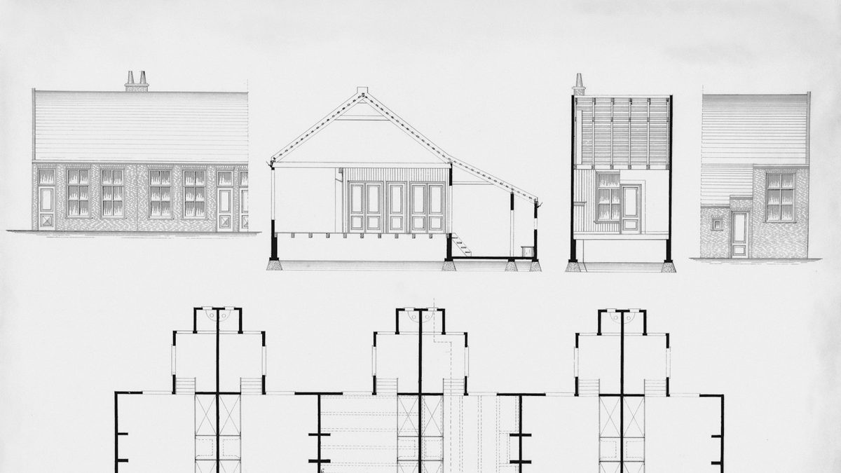 A monochrome architectural drawing sheet showing building elevations, a cross-section through a pitched roof, and floor plans below.