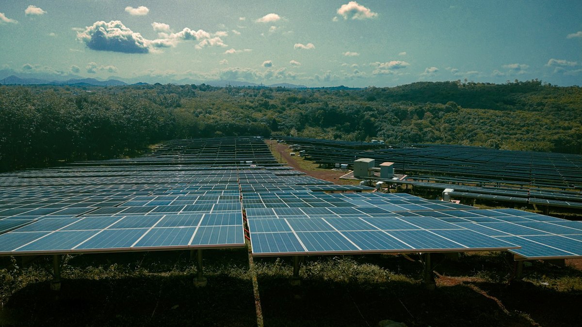 Rows of ground-mounted solar panels on a cleared hillside bordered by dense trees, with equipment cabinets standing among the arrays.